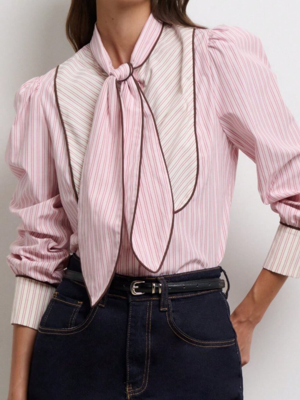 Pink Elegant Women's Regular Fit Pinstripe Tie-Neck Bishop Sleeve Shirt - Picture 4 of 7